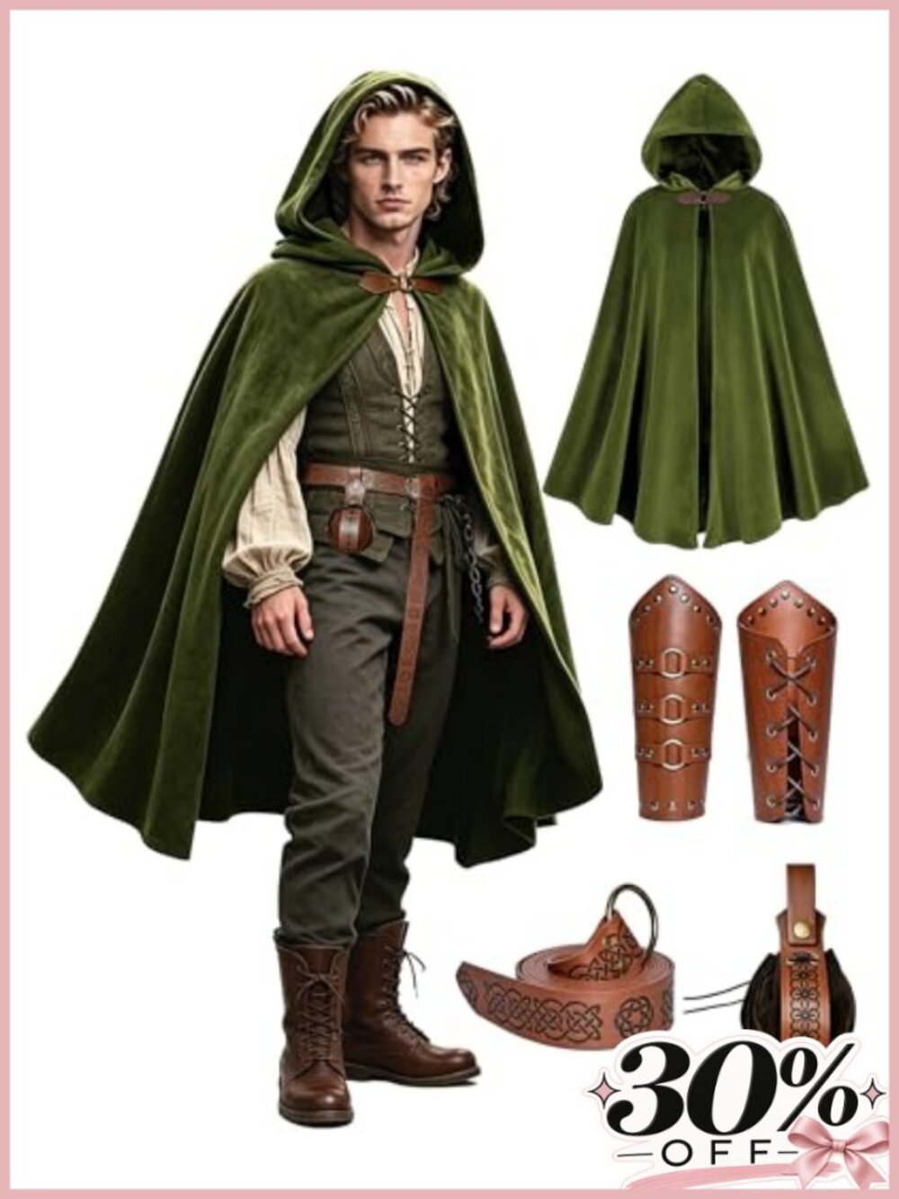 Renaissance Hooded Cloak Set Faux Leather Belt Pouch Bracers Adult Halloween